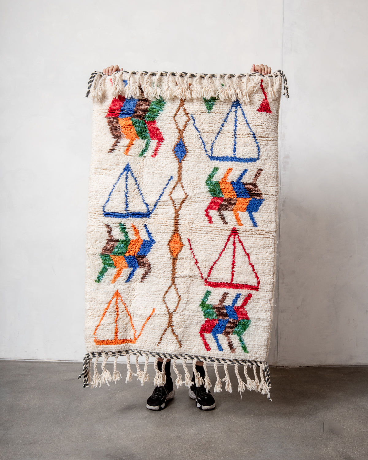 Modern, designer, handcrafted Berber rug from Morocco. Beniourain carpet with beautiful colours and patterns and fluffy wool texture.